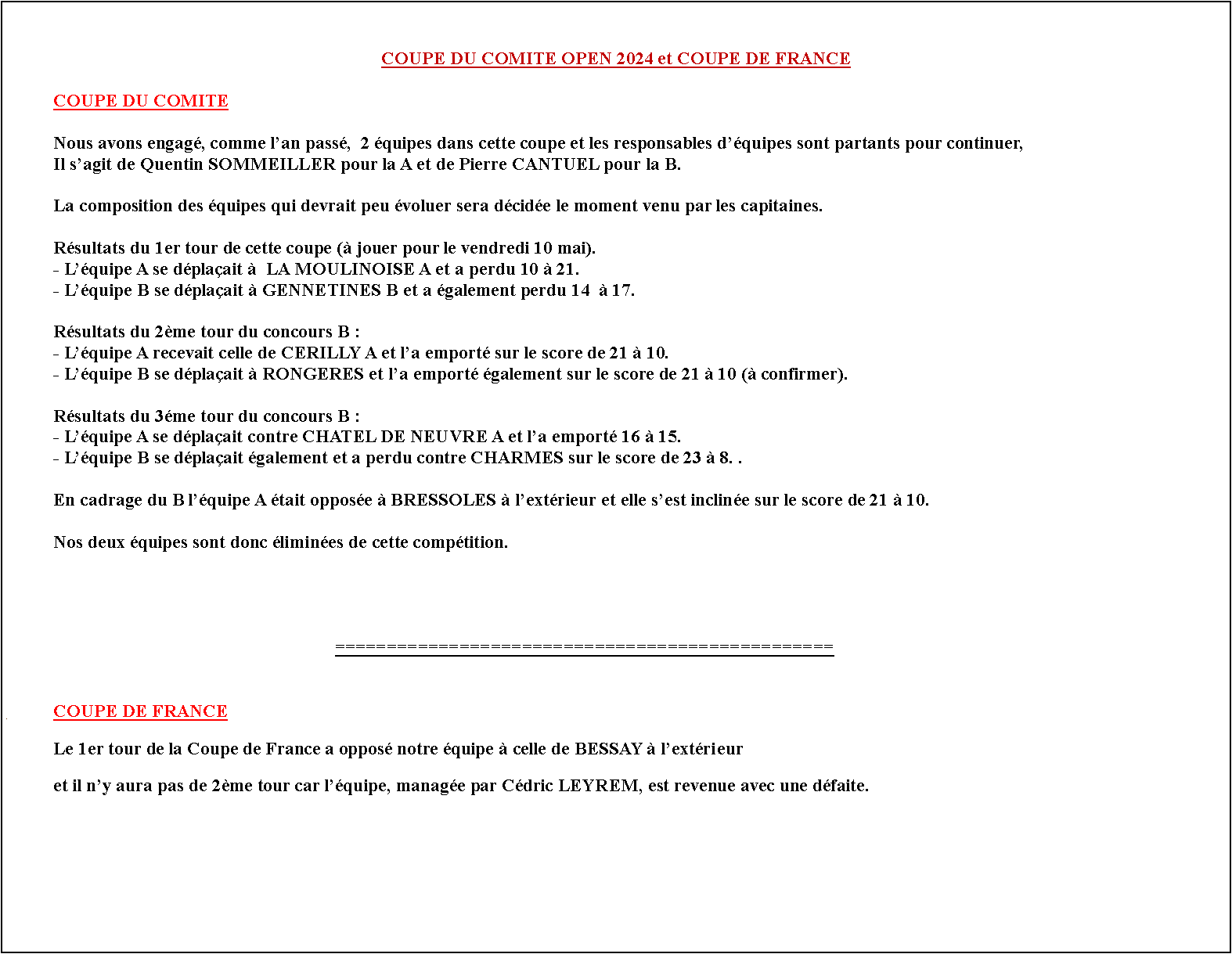 Zone de Texte: COUPE DU COMITE OPEN 2024 et COUPE DE FRANCE	COUPE DU COMITE	Nous avons engag, comme lan pass,  2 quipes dans cette coupe et les responsables dquipes sont partants pour continuer,	Il sagit de Quentin SOMMEILLER pour la A et de Pierre CANTUEL pour la B.	La composition des quipes qui devrait peu voluer sera dcide le moment venu par les capitaines.	Rsultats du 1er tour de cette coupe ( jouer pour le vendredi 10 mai).	- Lquipe A se dplaait   LA MOULINOISE A et a perdu 10  21. 	- Lquipe B se dplaait  GENNETINES B et a galement perdu 14   17.	Rsultats du 2me tour du concours B :	- Lquipe A recevait celle de CERILLY A et la emport sur le score de 21  10. 	- Lquipe B se dplaait  RONGERES et la emport galement sur le score de 21  10 ( confirmer).	Rsultats du 3me tour du concours B :	- Lquipe A se dplaait contre CHATEL DE NEUVRE A et la emport 16  15.	- Lquipe B se dplaait galement et a perdu contre CHARMES sur le score de 23  8. .	En cadrage du B lquipe A tait oppose  BRESSOLES  lextrieur et elle sest incline sur le score de 21  10.		Nos deux quipes sont donc limines de cette comptition.																================================================#	COUPE DE FRANCE	Le 1er tour de la Coupe de France a oppos notre quipe  celle de BESSAY  lextrieur	et il ny aura pas de 2me tour car lquipe, manage par Cdric LEYREM, est revenue avec une dfaite. 			